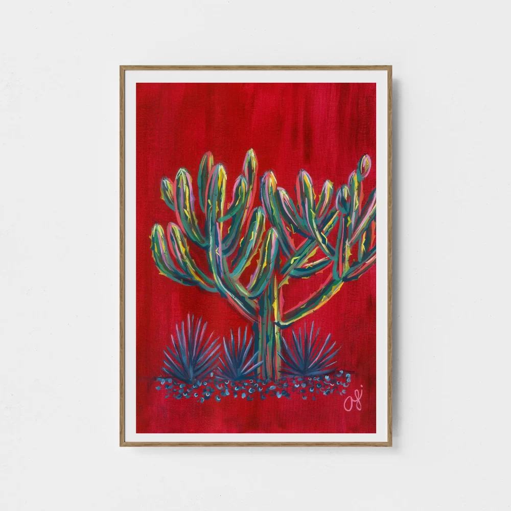 red cactus wall art print poster