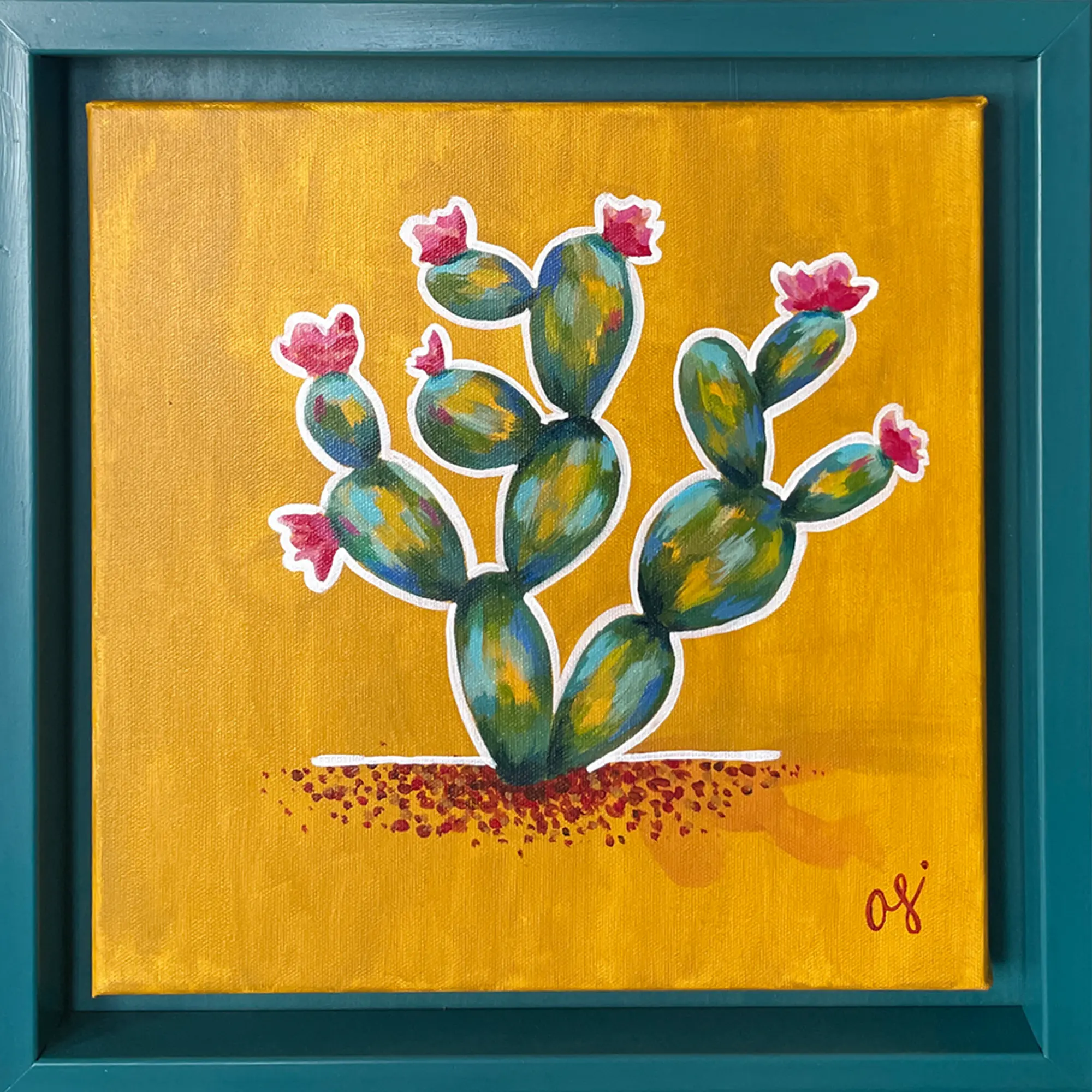 Cactus Lotería original painting – green cactus on yellow